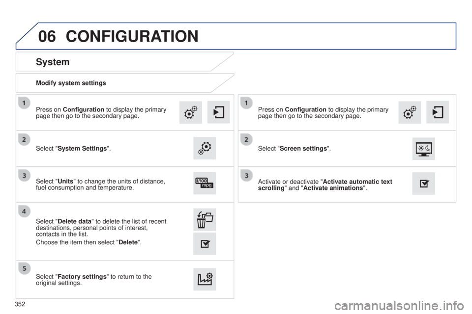 Peugeot 308 2014.5  Owners Manual - RHD (UK, Australia) 06
Modify system settings
System
Select "System Settings". Press on Configuration to display the primary 
page then go to the secondary page.
Select "Units" to change the units of dist