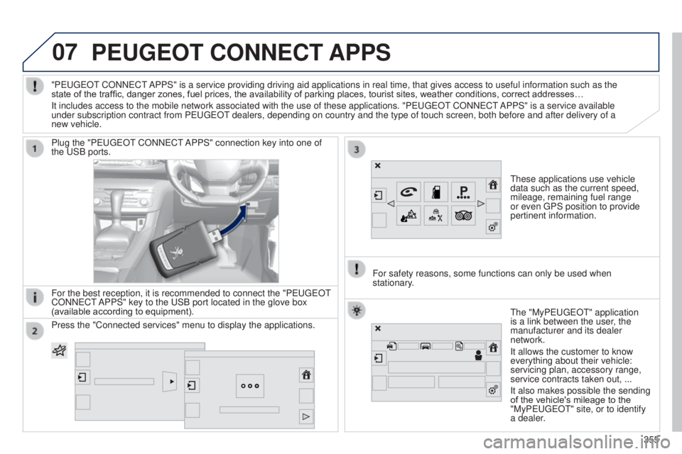 Peugeot 308 2014.5  Owners Manual - RHD (UK, Australia) 07PEUGEOT CONNECT APPS
these applications use vehicle 
data such as the current speed, 
mileage, remaining fuel range 
or even 
g PS position to provide 
pertinent information.
Plug the "P
euge
O
