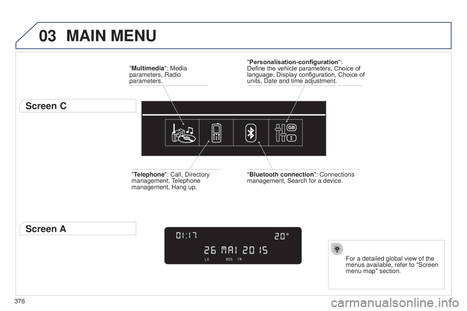 Peugeot 308 2014.5  Owners Manual - RHD (UK, Australia) 03
376
MAIN MENU
"Multimedia": Media 
parameters, Radio 
parameters.
Screen C
For a detailed global view of the 
menus available, refer to "Screen 
menu map" section.
"Personalisat