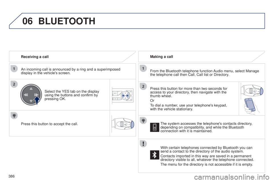 Peugeot 308 2014.5  Owners Manual - RHD (UK, Australia) 06
386Receiving a call
An incoming call is announced by a ring and a superimposed 
display in the vehicle's screen.
Select the Y e S tab on the display 
using the buttons and confirm by 
pressing 
