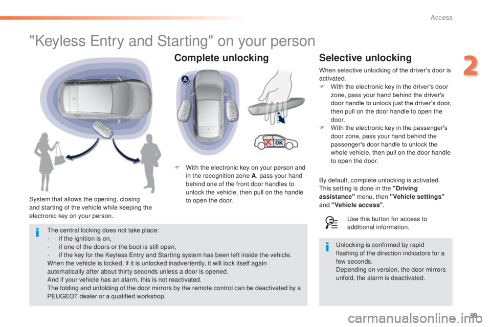 Peugeot 308 2014.5   - RHD (UK, Australia) Repair Manual 59
Complete unlocking
"Keyless entry and Starting" on your person
System that allows the opening, closing 
and starting of the vehicle while keeping the 
electronic key on your person. F
 
W
 