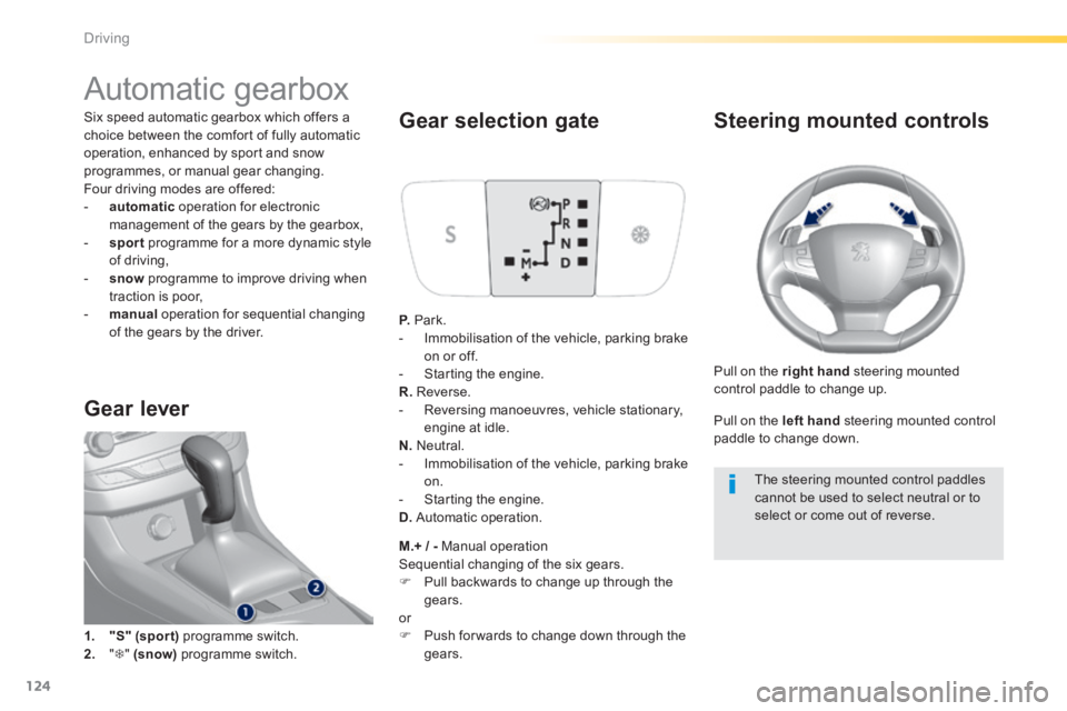 Peugeot 308 2014 User Guide 124
Driving
308_EN_CHAP04_CONDUITE_ED02-2013
               Automatic gearbox 
  Six speed automatic gearbox which offers a choice between the comfort of fully automatic operation, enhanced by sport a