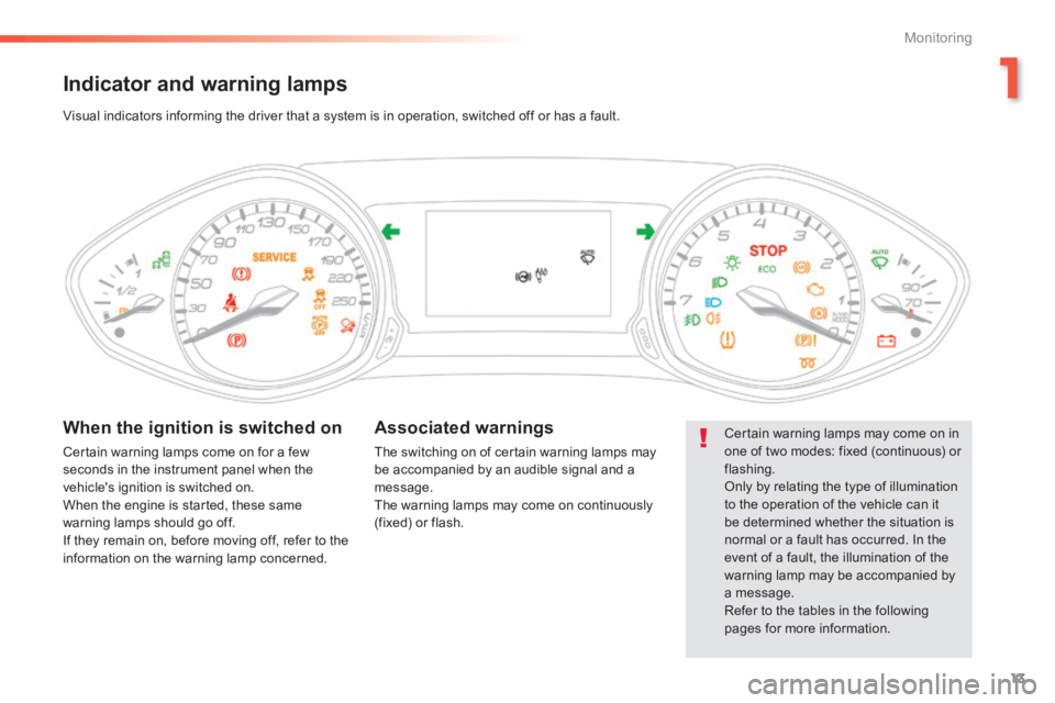 Peugeot 308 2014 User Guide 13
1
Monitoring
308_EN_CHAP01_CONTROLE DE MARCHE_ED02-2013
Indicator and warning lamps 
  Certain warning lamps may come on in one of two modes: fixed (continuous) or flashing.  Only by relating the t