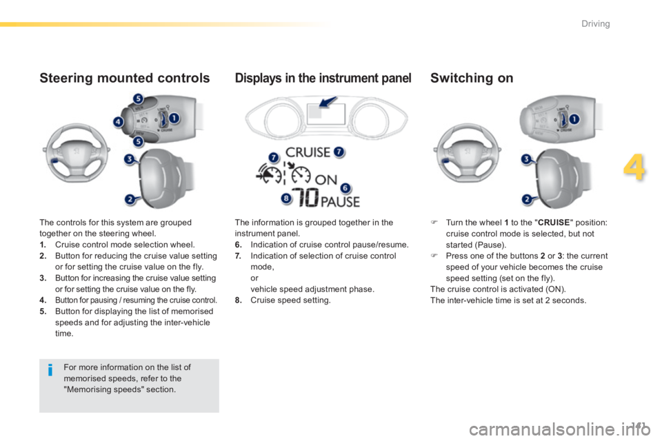 Peugeot 308 2014 Owners Manual 141
4
Driving
308_EN_CHAP04_CONDUITE_ED02-2013
The controls for this system are grouped together on the steering wheel. 1. Cruise control mode selection wheel. 2. Button for reducing the cruise Peugeot 308 2014 Owners Manual 141
4
Driving
308_EN_CHAP04_CONDUITE_ED02-2013
The controls for this system are grouped together on the steering wheel. 1. Cruise control mode selection wheel. 2. Button for reducing the cruise