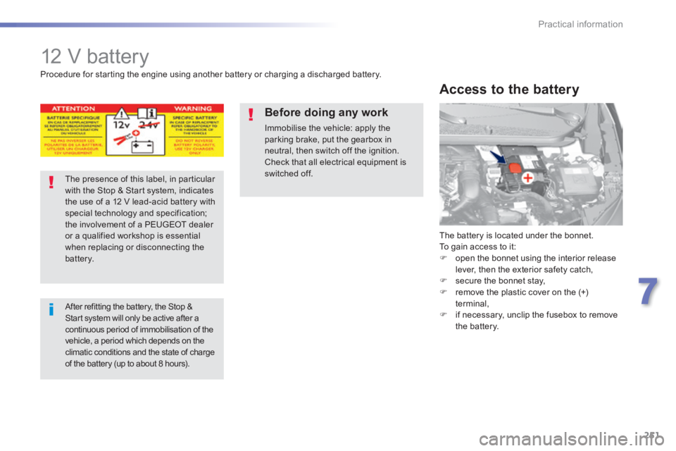 Peugeot 308 2014 Owners Guide 251
7
Practical information
308_EN_CHAP07_INFO PR ATIQUES_ED02-2013
     12  V  battery 
 The battery is located under the bonnet.  To gain access to it:    open the bonnet using the interior relea