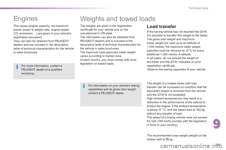 Peugeot 308 2014  Owners Manual 285
9
Technical data
308_EN_CHAP09_CARACTERISTIQUES TECHNIQUES_ED02-2013
 Weights and towed loads  
  The weights are given in the registration certificate for your vehicle and on the manufacturer'