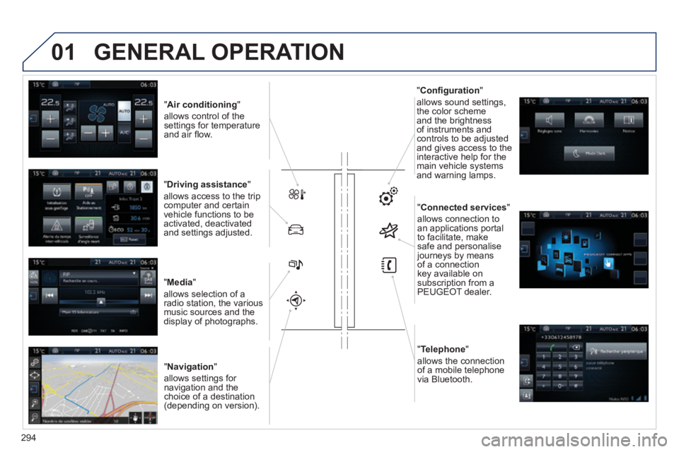 Peugeot 308 2014  Owners Manual 01
308_EN_CHAP10C_SMEGPLUS_ED02-2013
           " Air conditioning "  
allows control of the settings for temperature and air ﬂ ow.  
  " Driving assistance "  
allows access to the trip computer an