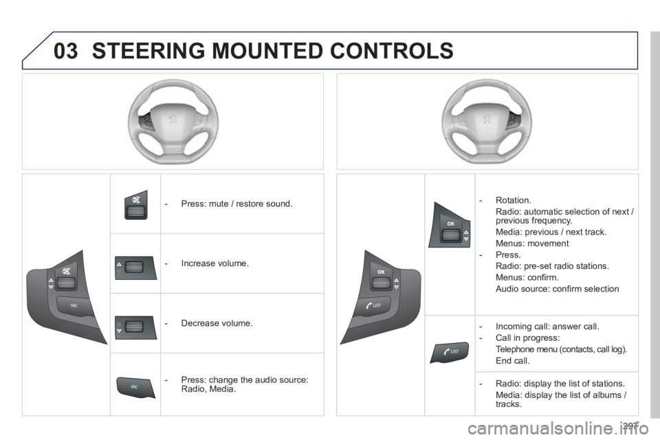 Peugeot 308 2014  Owners Manual 03
297
308_EN_CHAP10C_SMEGPLUS_ED02-2013
 STEERING MOUNTED CONTROLS 
   -   Press:  mute  /  restore  sound.  
   -   Increase  volume.  
   -   Decrease  volume.  
   -   Press:  change  the  audio  