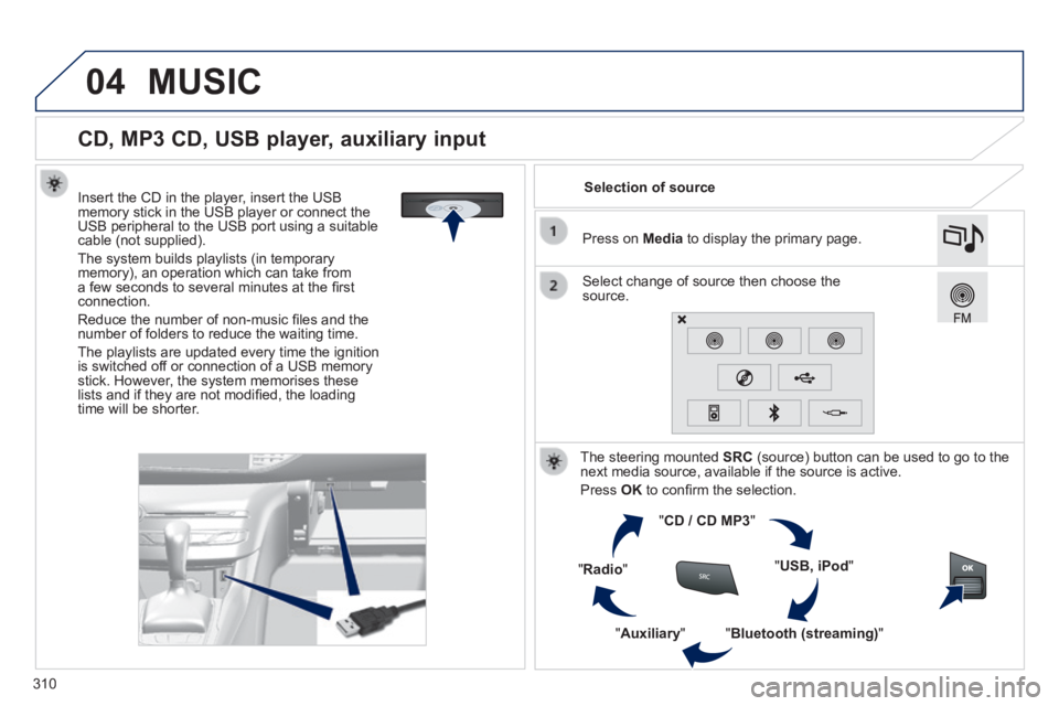 Peugeot 308 2014  Owners Manual 04
310
308_EN_CHAP10C_SMEGPLUS_ED02-2013
               
CD, MP3 CD, USB player, auxiliary input 
  Insert the CD in the player, insert the USB memory stick in the USB player or connect the USB periph