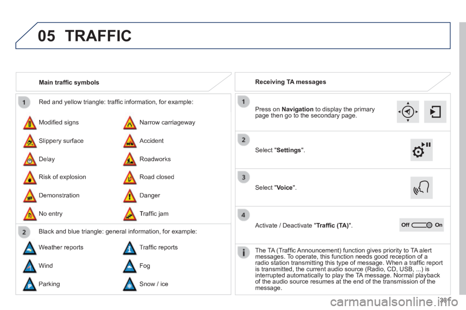 Peugeot 308 2014  Owners Manual 05
331
308_EN_CHAP10C_SMEGPLUS_ED02-2013
 Red and yellow triangle: trafﬁ c information, for example: 
 Modiﬁ ed signs 
 Risk of explosion 
 Narrow  carriageway 
 Road  closed 
 Slippery  surface 
