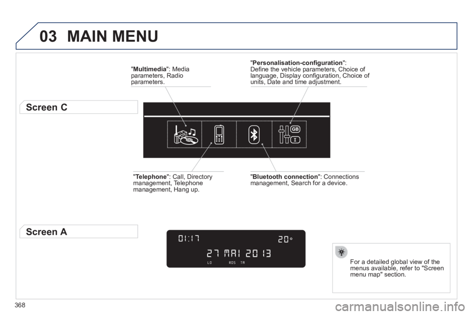 Peugeot 308 2014  Owners Manual 03
368
308_EN_CHAP10D_RD45_ED02_2013
 MAIN  MENU 
  " Multimedia ":  Media parameters, Radio parameters.  
          Screen C 
  For a detailed global view of the menus available, refer to "Screen men