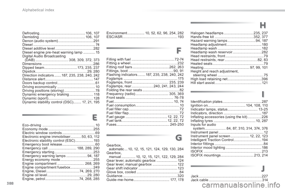 Peugeot 308 2014  Owners Manual 388
Alphabetical index
308_EN_CHAP11_INDEX ALPHA _ED02-2013
Filling with fuel ...........................................7 2 -74Fitting a wheel ...............................................232Fittin