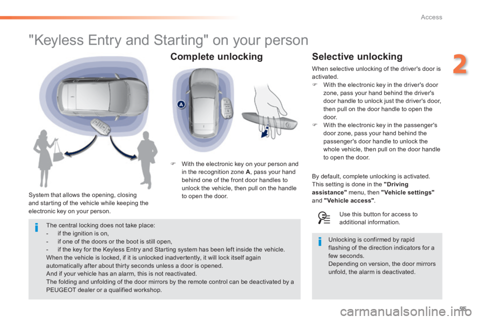 Peugeot 308 2014  Owners Manual 55
2
Access
308_EN_CHAP02_OUVERTURES_ED02-2013
  Complete  unlocking 
                "Keyless Entry and Starting" on your person 
  System that allows the opening, closing and starting of the vehicle