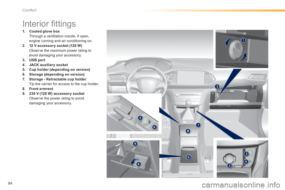 Peugeot 308 2014 Manual Online 84
Comfort
308_EN_CHAP03_CONFORT_ED02-2013
                              Interior ﬁ ttings 
1.    Cooled glove box       Through a ventilation nozzle, if open, engine running and air conditioning on