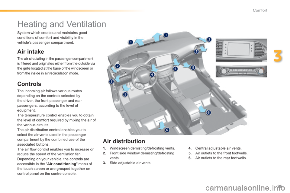 Peugeot 308 2014 Owners Manual 95
3
Comfort
308_EN_CHAP03_CONFORT_ED02-2013
         Heating and Ventilation 
  Air  intake 
 The air circulating in the passenger compartment is filtered and originates either from the outside via t