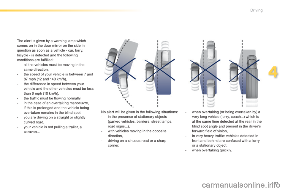 Peugeot 308 2014 Owners Manual - RHD (UK, Australia) 157
4
Driving
The alert is given by a warning lamp which comes on in the door mirror on the side in question as soon as a vehicle - car, lorry, bicycle - is detected and the following conditions are Peugeot 308 2014 Owners Manual - RHD (UK, Australia) 157
4
Driving
The alert is given by a warning lamp which comes on in the door mirror on the side in question as soon as a vehicle - car, lorry, bicycle - is detected and the following conditions are