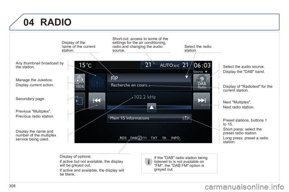 Peugeot 308 2014  Owners Manual - RHD (UK, Australia) 04
308
 RADIO 
  Display  of  options:  
if active but not available, the display will be greyed out,  
if active and available, the display will be  blank.  
  Display of "Radiotext" for the current 