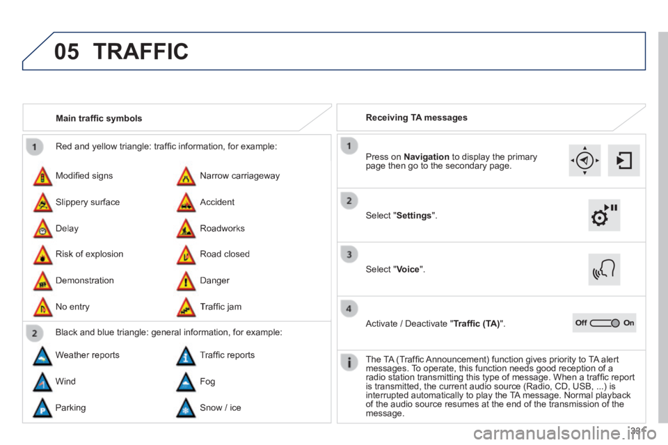 Peugeot 308 2014  Owners Manual - RHD (UK, Australia) 05
331
 Red and yellow triangle: trafﬁ c information, for example: 
 Modiﬁ ed signs 
 Risk of explosion 
 Narrow  carriageway 
 Road  closed 
 Slippery  surface 
 Demonstration 
 Accident 
 Danger