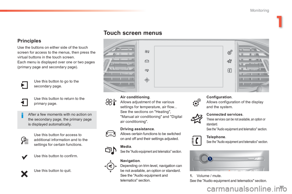 Peugeot 308 2014 - RHD (UK, Australia) Owners Guide 37
1
Monitoring
Use this button to go to the secondary page.
Use this button to return to the primary page.
Use this button for access to additional information and to the settings for cer Peugeot 308 2014 - RHD (UK, Australia) Owners Guide 37
1
Monitoring
Use this button to go to the secondary page.
Use this button to return to the primary page.
Use this button for access to additional information and to the settings for cer