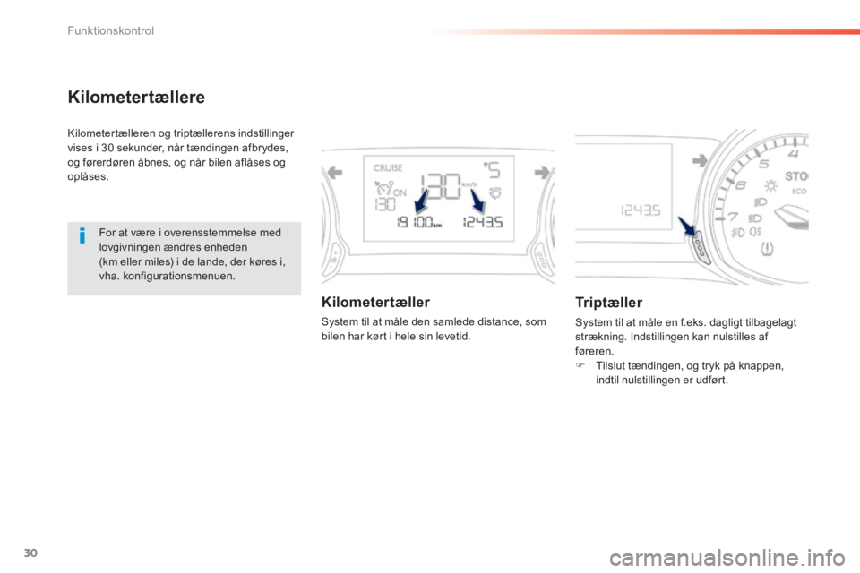 Peugeot 308 2014 Instruktionsbog (in Danish) 30
Funktionskontrol
308_da_Chap01_controle de marche_ed02-2013
Kilometertællere
Kilometertælleren og triptællerens indstillinger vises i 30 sekunder, når tændingen afbrydes, og førerdøren åb Peugeot 308 2014 Instruktionsbog (in Danish) 30
Funktionskontrol
308_da_Chap01_controle de marche_ed02-2013
Kilometertællere
Kilometertælleren og triptællerens indstillinger vises i 30 sekunder, når tændingen afbrydes, og førerdøren åb