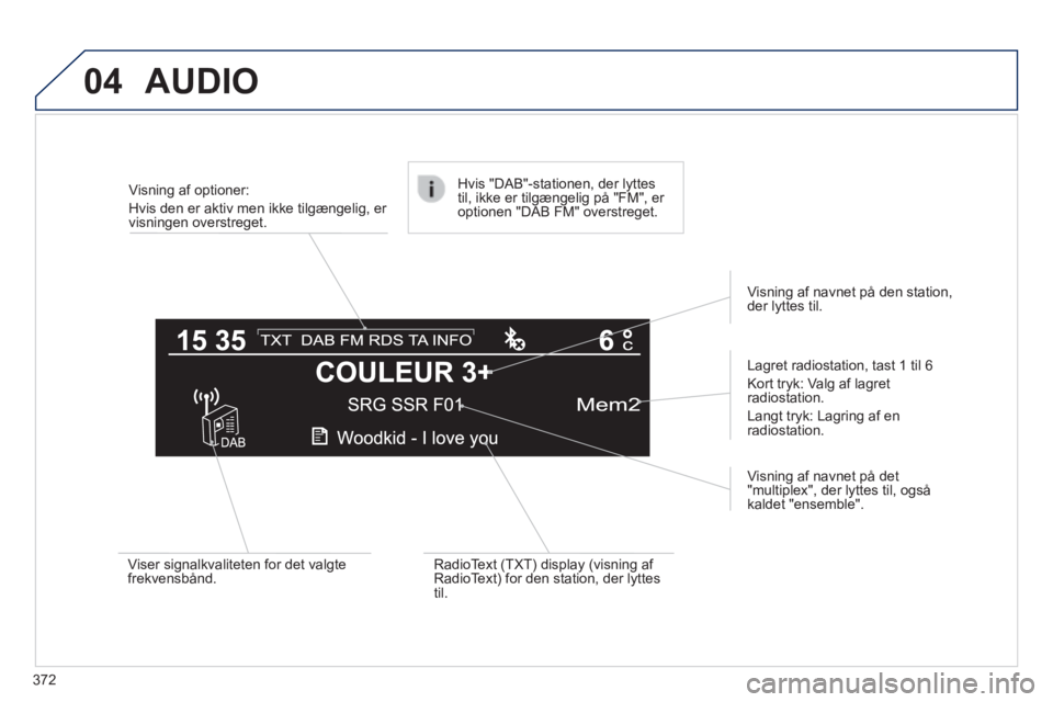 Peugeot 308 2014  Instruktionsbog (in Danish) 04
372
308_da_Chap10d_RD45_ed02_2013
       Visning  af  optioner:  
Hvis den er aktiv men ikke tilgængelig, er visningen  overstreget.  
  Lagret radiostation, tast 1 til 6 
 Kort tryk: Valg af lagr