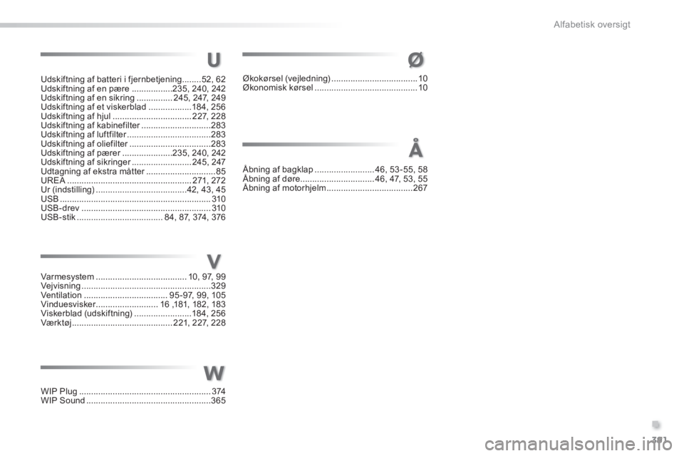 Peugeot 308 2014 Instruktionsbog (in Danish) 391
.
Alfabetisk oversigt
308_da_Chap11_index alpha_ed02-2013
Udskiftning af batteri i fjernbetjening ........52, 62Udskiftning af en pære .................235, 240, 242Udskiftning af en sikring .... Peugeot 308 2014 Instruktionsbog (in Danish) 391
.
Alfabetisk oversigt
308_da_Chap11_index alpha_ed02-2013
Udskiftning af batteri i fjernbetjening ........52, 62Udskiftning af en pære .................235, 240, 242Udskiftning af en sikring ....