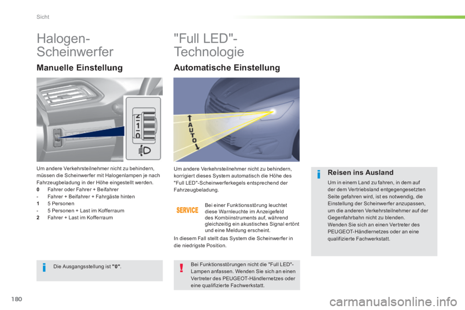 Peugeot 308 2014 Betriebsanleitung (in German) 180
Sicht
308_de_Chap05_visibilite_ed02-2013
Halogen-
Scheinwerfer "Full LED"-
Technologie
Manuelle Einstellung
Bei einer Funktionsstörung leuchtet diese Warnleuchte im Anzeigefe Peugeot 308 2014 Betriebsanleitung (in German) 180
Sicht
308_de_Chap05_visibilite_ed02-2013
Halogen-
Scheinwerfer "Full LED"-
Technologie
Manuelle Einstellung
Bei einer Funktionsstörung leuchtet diese Warnleuchte im Anzeigefe