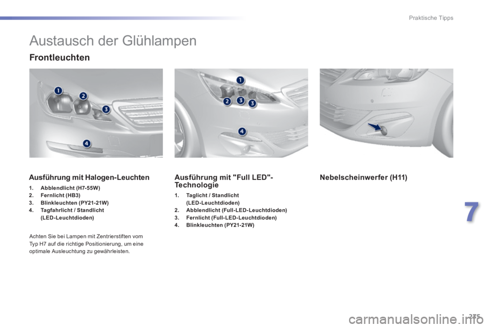 Peugeot 308 2014 Betriebsanleitung (in German) 235
7
Praktische Tipps
308_de_Chap07_info pratiques_ed02-2013
Austausch der Glühlampen
Frontleuchten
Ausführung mit "Full LED"-Technologie
1. Taglicht / Standlicht (LED-Leuchtdi Peugeot 308 2014 Betriebsanleitung (in German) 235
7
Praktische Tipps
308_de_Chap07_info pratiques_ed02-2013
Austausch der Glühlampen
Frontleuchten
Ausführung mit "Full LED"-Technologie
1. Taglicht / Standlicht (LED-Leuchtdi