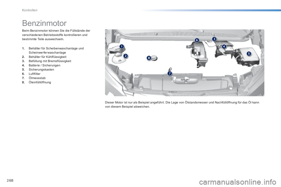 Peugeot 308 2014 Betriebsanleitung (in German) 268
Kontrollen
308_de_Chap08_verifications_ed02-2013
Beim Benzinmotor können Sie die Füllstände der verschiedenen Betriebsstoffe kontrollieren und bestimmte Teile auswechseln.
Be Peugeot 308 2014 Betriebsanleitung (in German) 268
Kontrollen
308_de_Chap08_verifications_ed02-2013
Beim Benzinmotor können Sie die Füllstände der verschiedenen Betriebsstoffe kontrollieren und bestimmte Teile auswechseln.
Be