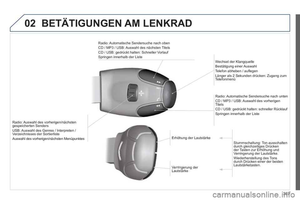 Peugeot 308 2014 Betriebsanleitung (in German) 02
367
308_de_Chap10d_RD45_ed02_2013
BETÄTIGUNGEN AM LENKRAD
Radio: Auswahl des vorherigen/nächsten gespeicherten Senders USB: Auswahl des Genres / Interpreten / Verzeichnisses der Sortierliste Peugeot 308 2014 Betriebsanleitung (in German) 02
367
308_de_Chap10d_RD45_ed02_2013
BETÄTIGUNGEN AM LENKRAD
Radio: Auswahl des vorherigen/nächsten gespeicherten Senders USB: Auswahl des Genres / Interpreten / Verzeichnisses der Sortierliste