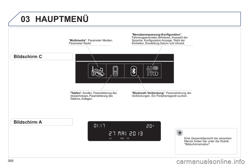 Peugeot 308 2014 Betriebsanleitung (in German) 03
368
308_de_Chap10d_RD45_ed02_2013
HAUPTMENÜ
" Multimedia ": Parameter Medien, Parameter Radio
Bildschirm C
Eine Gesamtübersicht der einzelnen Menüs fi nden Sie unter der Rub Peugeot 308 2014 Betriebsanleitung (in German) 03
368
308_de_Chap10d_RD45_ed02_2013
HAUPTMENÜ
" Multimedia ": Parameter Medien, Parameter Radio
Bildschirm C
Eine Gesamtübersicht der einzelnen Menüs fi nden Sie unter der Rub