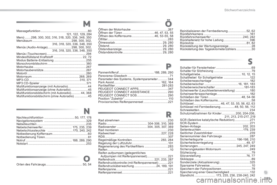 Peugeot 308 2014  Betriebsanleitung (in German) 389
.
Stichwortverzeichnis
308_de_Chap11_index alpha_ed02-2013
MÖ
P
R
S
N
O
Massagefunktion ........................................................80121, 12 2, 129, 28 4Menü .......298, 300, 302, 3