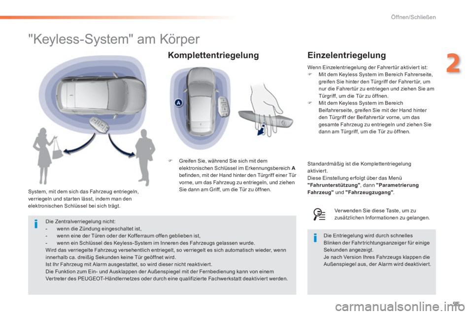 Peugeot 308 2014  Betriebsanleitung (in German) 55
2
Öffnen/Schließen
308_de_Chap02_ouvertures_ed02-2013
  Komplettentriegelung 
                "Keyless-System" am Körper 
  System, mit dem sich das Fahrzeug entriegeln, verriegeln und star ten 