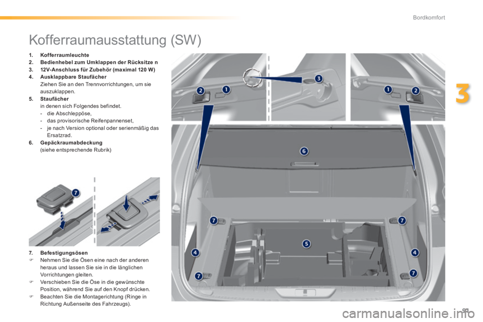 Peugeot 308 2014  Betriebsanleitung (in German) 91
3
Bordkomfort
308_de_Chap03_confort_ed02-2013
                Kofferraumausstattung  (SW)  
1.    Kofferraumleuchte2.    Bedienhebel zum Umklappen der Rücksitze    n3.    12V-Anschluss    für Zub