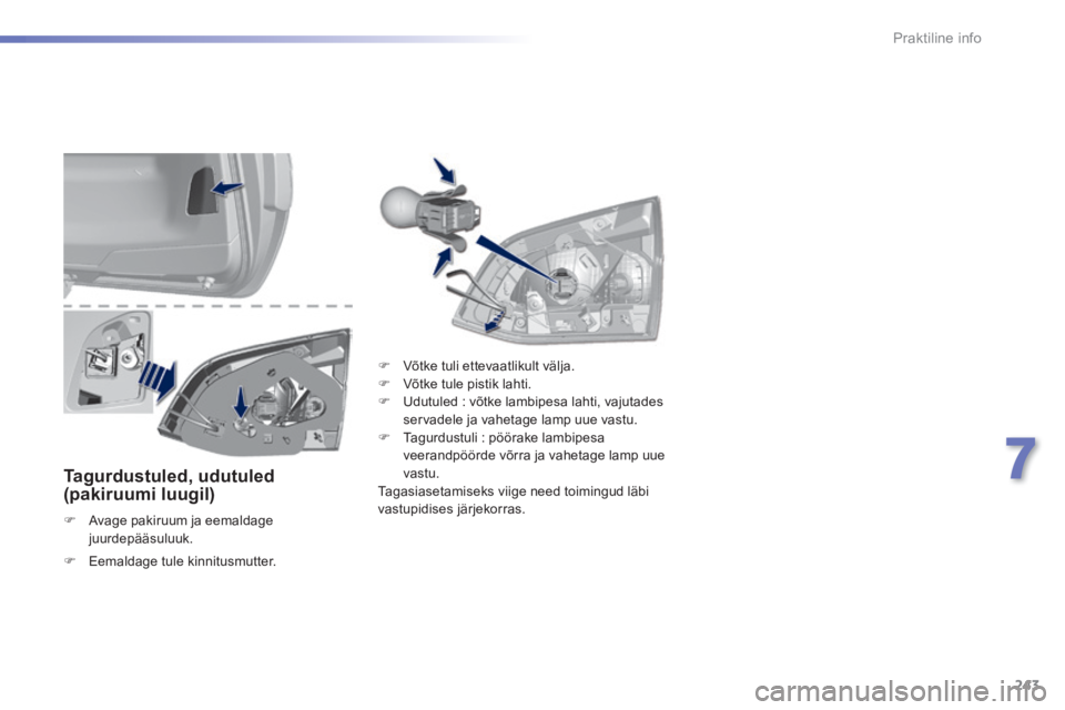 Peugeot 308 2014  Omaniku käsiraamat (in Estonian) 243
7
Praktiline info
308_et_Chap07_info pratiques_ed02-2013
  Tagurdustuled,  udutuled (pakiruumi  luugil)  
   Avage pakiruum ja eemaldage juurdepääsuluuk.   
   Võtke tuli ettevaatlikult v