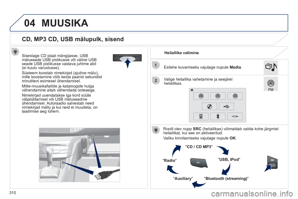 Peugeot 308 2014 Omaniku käsiraamat (in Estonian) 04
310
308_et_Chap10c_SMEGplus_ed02-2013
CD, MP3 CD, USB mälupulk, sisend
Sisestage CD plaat mängijasse, USB mäluseade USB pistikusse või väline USB seade USB pistikusse vastav Peugeot 308 2014 Omaniku käsiraamat (in Estonian) 04
310
308_et_Chap10c_SMEGplus_ed02-2013
CD, MP3 CD, USB mälupulk, sisend
Sisestage CD plaat mängijasse, USB mäluseade USB pistikusse või väline USB seade USB pistikusse vastav