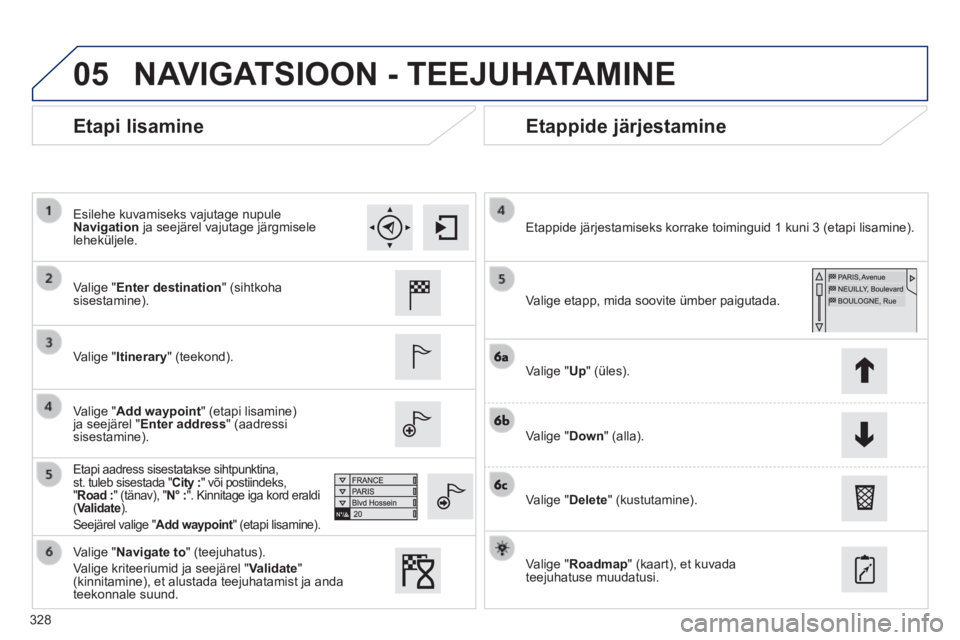 Peugeot 308 2014 Omaniku käsiraamat (in Estonian) 05
328
308_et_Chap10c_SMEGplus_ed02-2013
Etapi lisamine Etappide järjestamine
Valige " Enter destination " (sihtkoha sisestamine).
Valige " Itinerary " (teekond).
Valige " Add w Peugeot 308 2014 Omaniku käsiraamat (in Estonian) 05
328
308_et_Chap10c_SMEGplus_ed02-2013
Etapi lisamine Etappide järjestamine
Valige " Enter destination " (sihtkoha sisestamine).
Valige " Itinerary " (teekond).
Valige " Add w