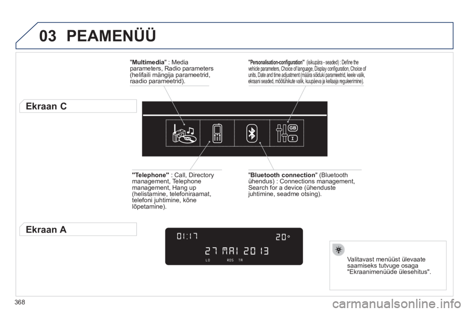 Peugeot 308 2014 Omaniku käsiraamat (in Estonian) 03
368
308_et_Chap10d_RD45_ed02_2013
PEAMENÜÜ
" Multimedia " : Media parameters, Radio parameters (helifaili mängija parameetrid, raadio parameetrid).
Ekraan C
Valitavast menü Peugeot 308 2014 Omaniku käsiraamat (in Estonian) 03
368
308_et_Chap10d_RD45_ed02_2013
PEAMENÜÜ
" Multimedia " : Media parameters, Radio parameters (helifaili mängija parameetrid, raadio parameetrid).
Ekraan C
Valitavast menü