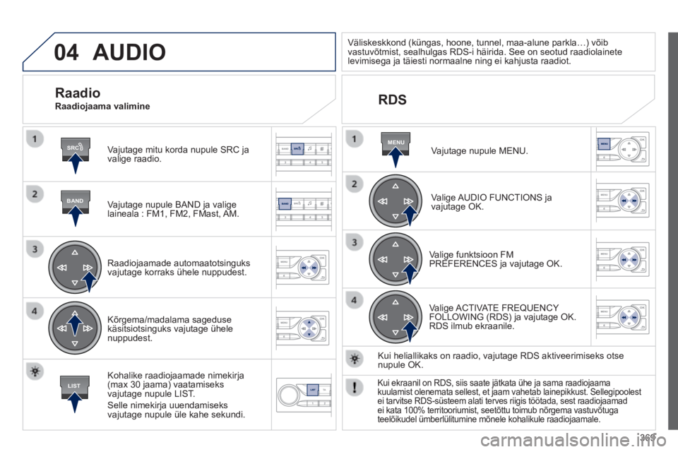 Peugeot 308 2014  Omaniku käsiraamat (in Estonian) 04
SRC
BAND
LIST
MENU
369
308_et_Chap10d_RD45_ed02_2013
 AUDIO 
  Vajutage mitu korda nupule SRC ja valige  raadio.  
  Vajutage nupule BAND ja valige laineala : FM1, FM2, FMast, AM.  
  Raadiojaamade