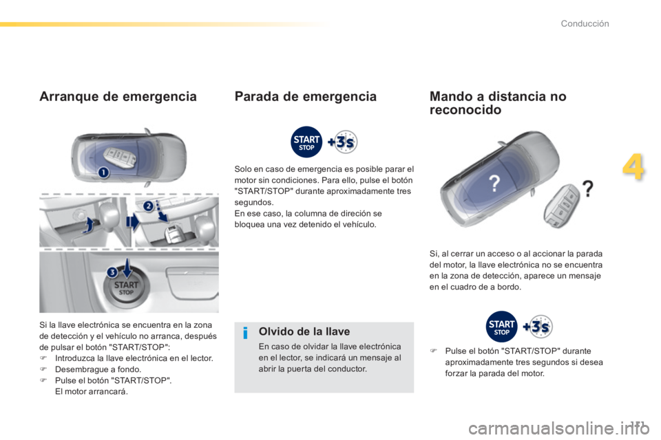 Peugeot 308 2014 Manual del propietario (in Spanish) 111
4
Conducción
308_es_Chap04_conduite_ed02-2013
Olvido de la llave
En caso de olvidar la llave electrónica en el lector, se indicará un mensaje al abrir la puerta del conductor.
Arranque d Peugeot 308 2014 Manual del propietario (in Spanish) 111
4
Conducción
308_es_Chap04_conduite_ed02-2013
Olvido de la llave
En caso de olvidar la llave electrónica en el lector, se indicará un mensaje al abrir la puerta del conductor.
Arranque d