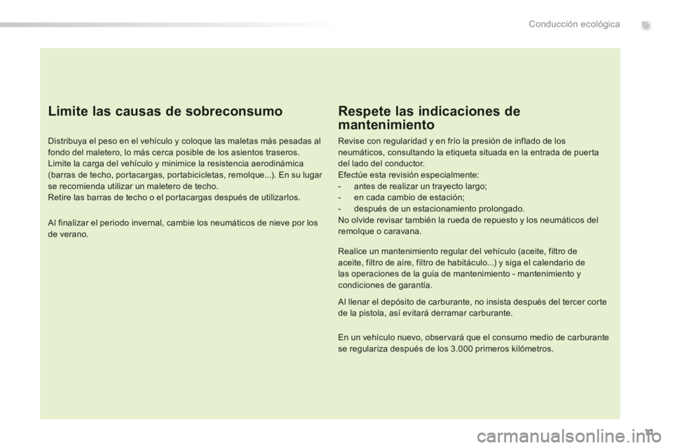 Peugeot 308 2014 Manual del propietario (in Spanish) 11
.Conducción ecológica
308_es_Chap00c_eco conduite_ed02-2013
Limite las causas de sobreconsumo
Distribuya el peso en el vehículo y coloque las maletas más pesadas al fondo del maletero, lo Peugeot 308 2014 Manual del propietario (in Spanish) 11
.Conducción ecológica
308_es_Chap00c_eco conduite_ed02-2013
Limite las causas de sobreconsumo
Distribuya el peso en el vehículo y coloque las maletas más pesadas al fondo del maletero, lo