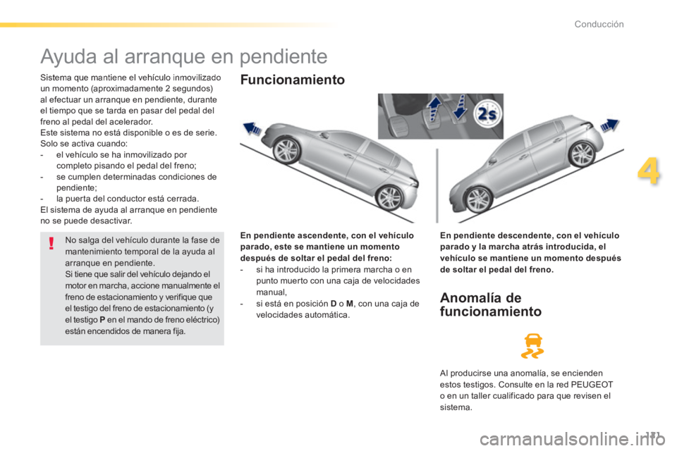Peugeot 308 2014 Manual del propietario (in Spanish) 121
4
Conducción
308_es_Chap04_conduite_ed02-2013
Ayuda al arranque en pendiente
Sistema que mantiene el vehículo inmovilizado un momento (aproximadamente 2 segundos) al efectuar un Peugeot 308 2014 Manual del propietario (in Spanish) 121
4
Conducción
308_es_Chap04_conduite_ed02-2013
Ayuda al arranque en pendiente
Sistema que mantiene el vehículo inmovilizado un momento (aproximadamente 2 segundos) al efectuar un