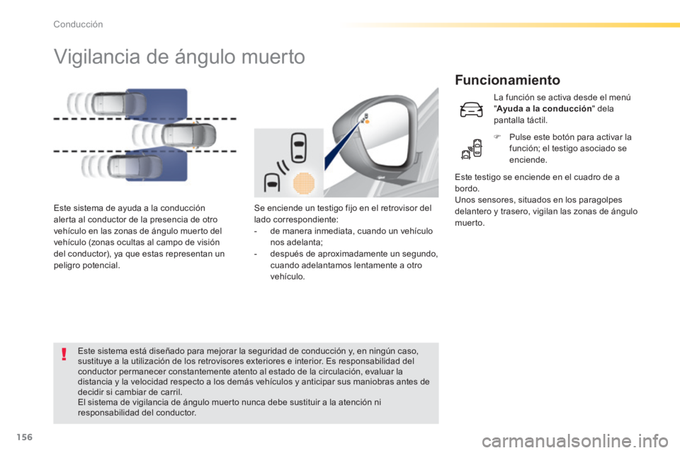 Peugeot 308 2014  Manual del propietario (in Spanish) 156
Conducción
308_es_Chap04_conduite_ed02-2013
         Vigilancia de ángulo muerto 
  Funcionamiento 
 Se enciende un testigo fijo en el retrovisor del lado correspondiente:    -   de manera inmed