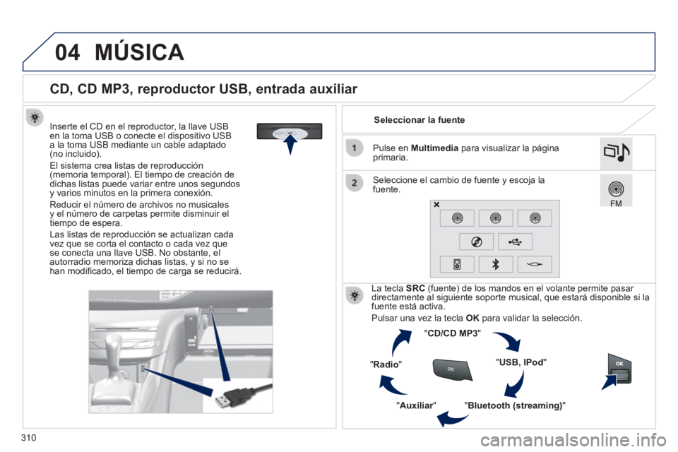 Peugeot 308 2014  Manual del propietario (in Spanish) 04
310
308_es_Chap10c_SMEGplus_ed02-2013
               
CD, CD MP3, reproductor USB, entrada auxiliar 
  Inserte el CD en el reproductor, la llave USB en la toma USB o conecte el dispositivo USB a la