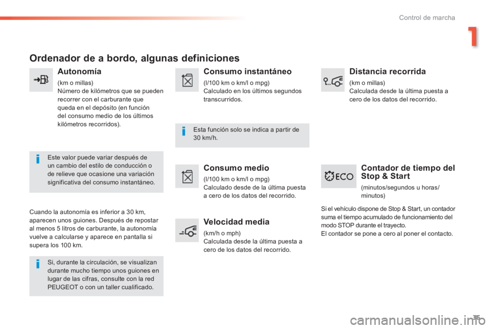 Peugeot 308 2014  Manual del propietario (in Spanish) 35
1
Control de marcha
308_es_Chap01_controle de marche_ed02-2013
Ordenador de a bordo, algunas definiciones 
  Autonomía 
 (km o millas)  Número de kilómetros que se pueden recorrer con el carbura