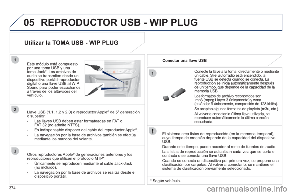 Peugeot 308 2014  Manual del propietario (in Spanish) 05
374
308_es_Chap10d_RD45_ed02_2013
 REPRODUCTOR USB - WIP PLUG 
  El sistema crea listas de reproducción (en la memoria temporal), cuyo tiempo de creación depende de la capacidad del dispositivo U