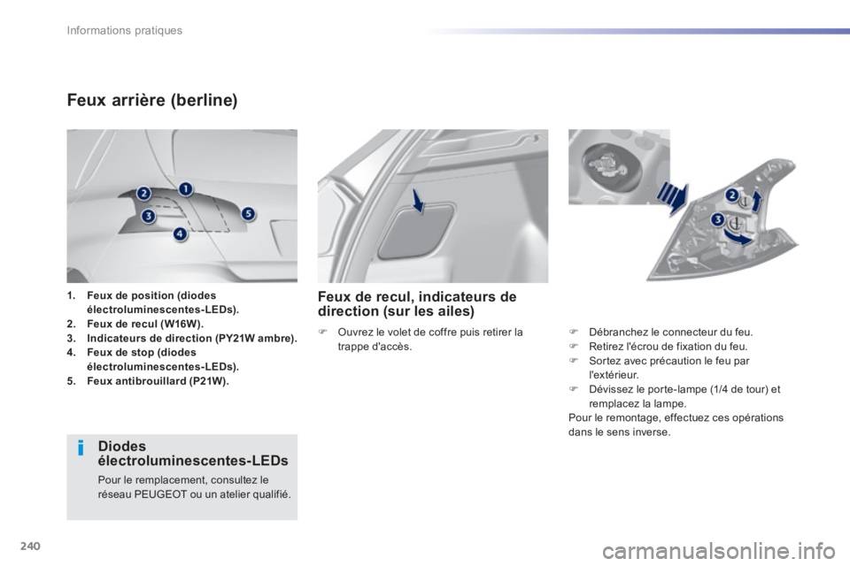Peugeot 308 2014  Manuel du propriétaire (in French) 240
Informations pratiques
1.    Feux de position (diodes électroluminescentes-LEDs).2.    Feux de recul (W16W).3.    Indicateurs de direction (PY21W ambre).4.    Feux de stop (diodes électrolumines