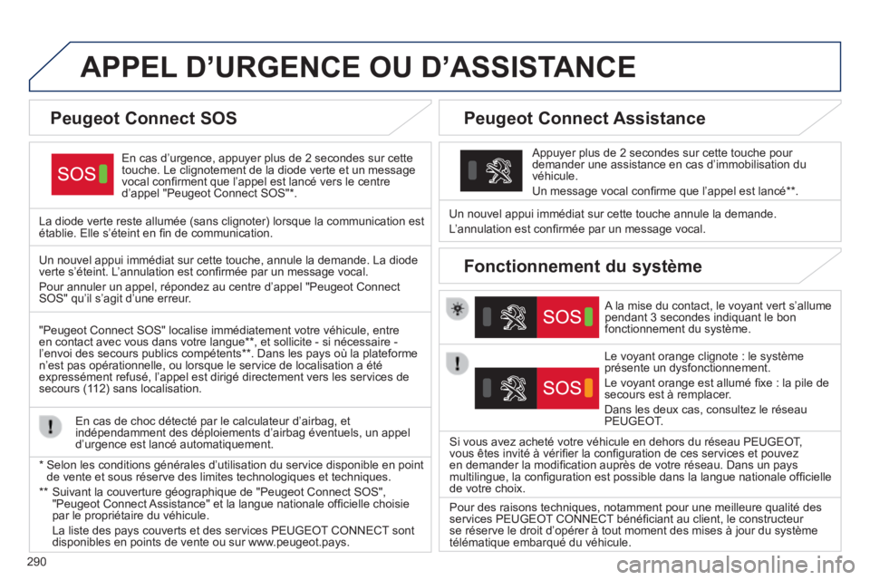 Peugeot 308 2014 Manuel du propriétaire (in French) 290
APPEL D’URGENCE OU D’ASSISTANCE
En cas d’urgence, appuyer plus de 2 secondes sur cette touche. Le clignotement de la diode verte et un message vocal confi rment que l’appel est lancé Peugeot 308 2014 Manuel du propriétaire (in French) 290
APPEL D’URGENCE OU D’ASSISTANCE
En cas d’urgence, appuyer plus de 2 secondes sur cette touche. Le clignotement de la diode verte et un message vocal confi rment que l’appel est lancé