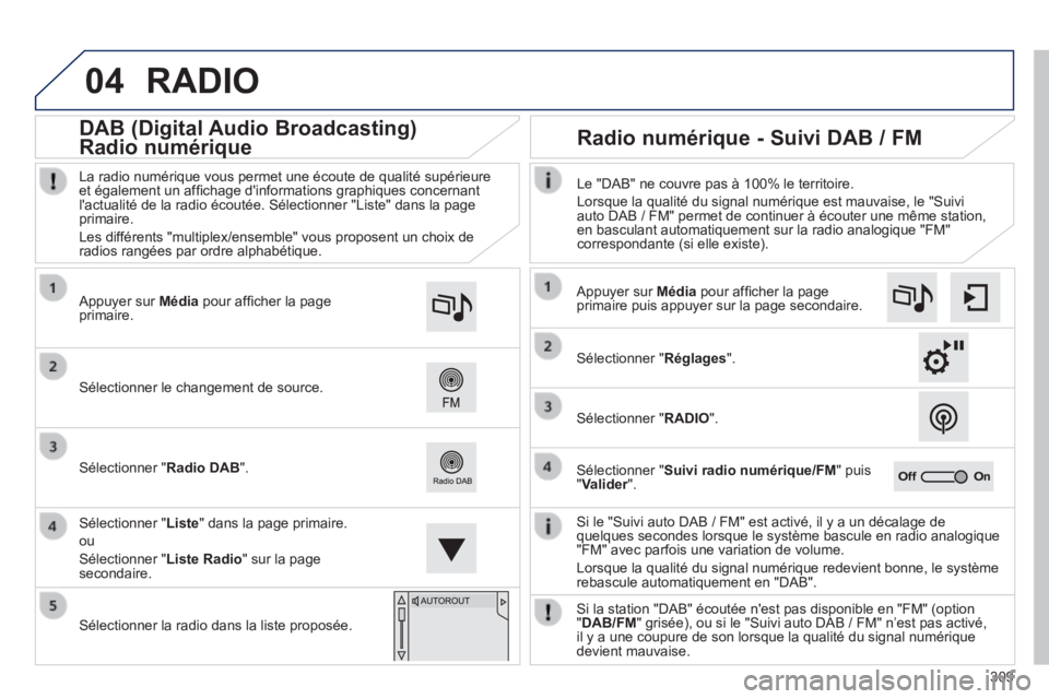 Peugeot 308 2014 Manuel du propriétaire (in French) 04
309
RADIO
Si le "Suivi auto DAB / FM" est activé, il y a un décalage de quelques secondes lorsque le système bascule en radio analogique "FM" avec parfois une variation de volume.
Lorsque Peugeot 308 2014 Manuel du propriétaire (in French) 04
309
RADIO
Si le "Suivi auto DAB / FM" est activé, il y a un décalage de quelques secondes lorsque le système bascule en radio analogique "FM" avec parfois une variation de volume.
Lorsque