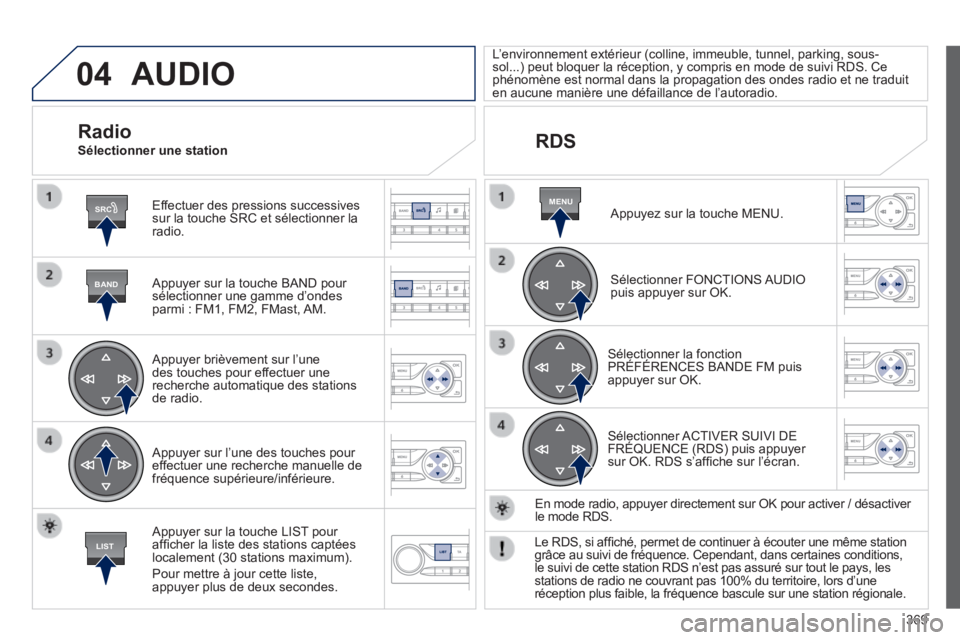 Peugeot 308 2014 Manuel du propriétaire (in French) 04
SRC
BAND
LIST
MENU
369
AUDIO
Effectuer des pressions successives sur la touche SRC et sélectionner la radio.
Appuyer sur la touche BAND pour sélectionner une gamme d’ondes parmi : FM1, Peugeot 308 2014 Manuel du propriétaire (in French) 04
SRC
BAND
LIST
MENU
369
AUDIO
Effectuer des pressions successives sur la touche SRC et sélectionner la radio.
Appuyer sur la touche BAND pour sélectionner une gamme d’ondes parmi : FM1,